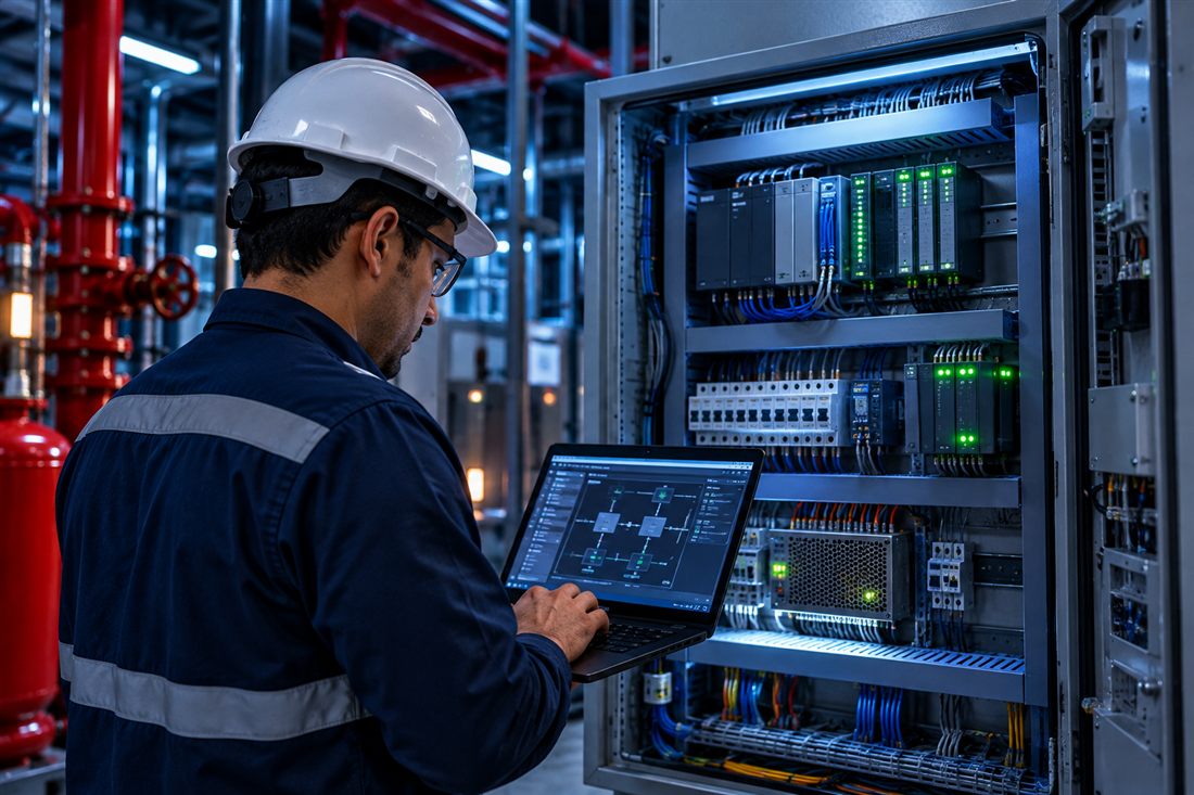 Ingeniero programa desde un portátil un tablero de automatización