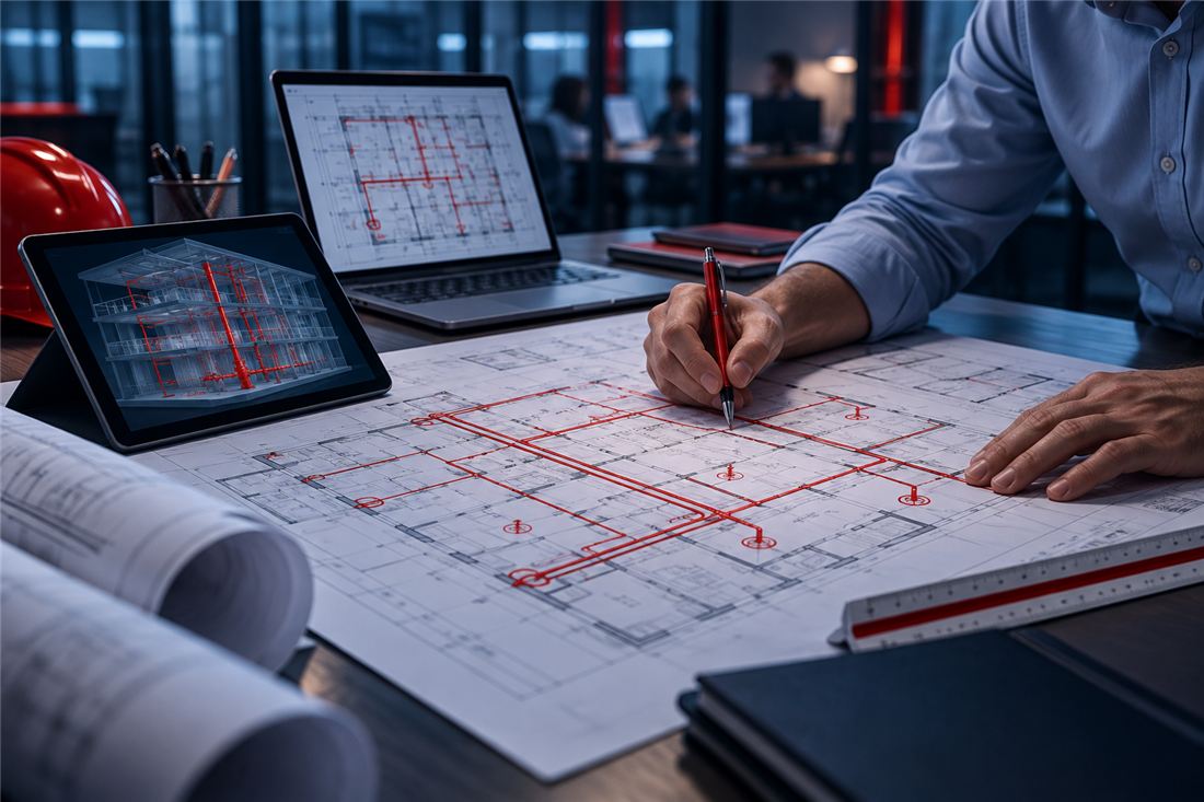 Ingeniero diseña la red contra incendio sobre planos técnicos