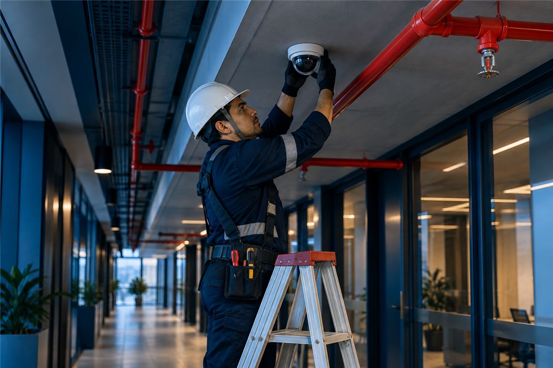 Técnico instala una cámara domo en el techo de un corredor corporativo