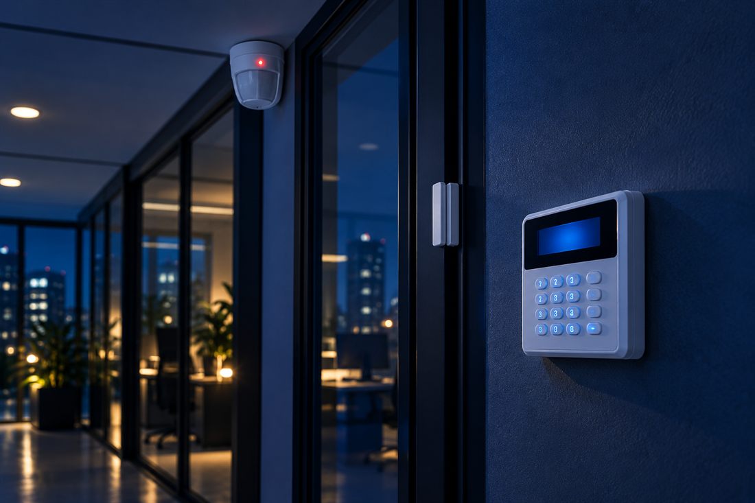 Teclado de alarma, sensor de movimiento y contacto magnético en un pasillo de oficina