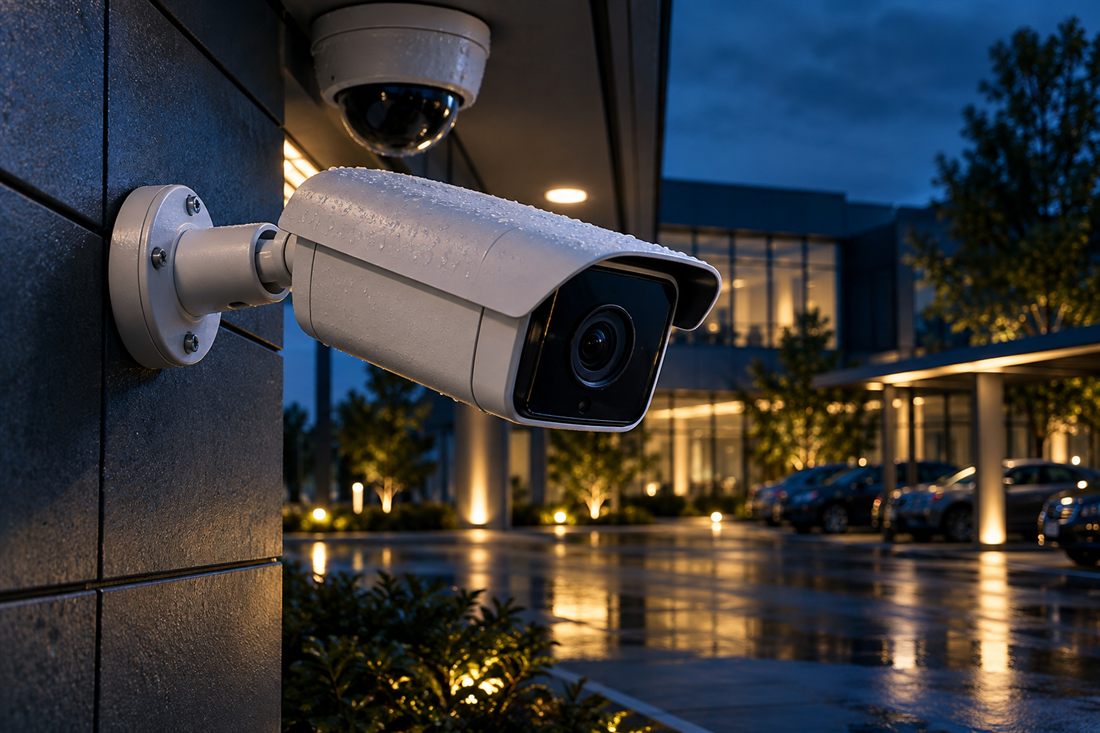 Cámaras de seguridad bala y domo en la fachada de un edificio corporativo de noche